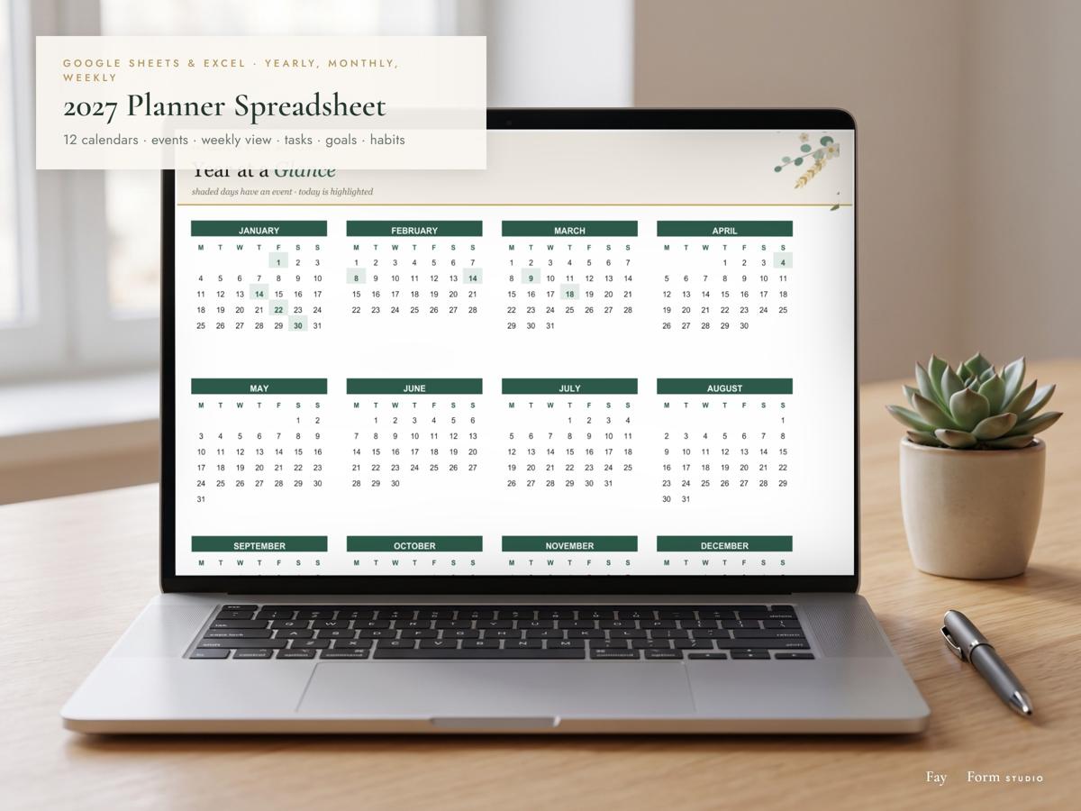 2027 Planner Spreadsheet Google Sheets & Excel